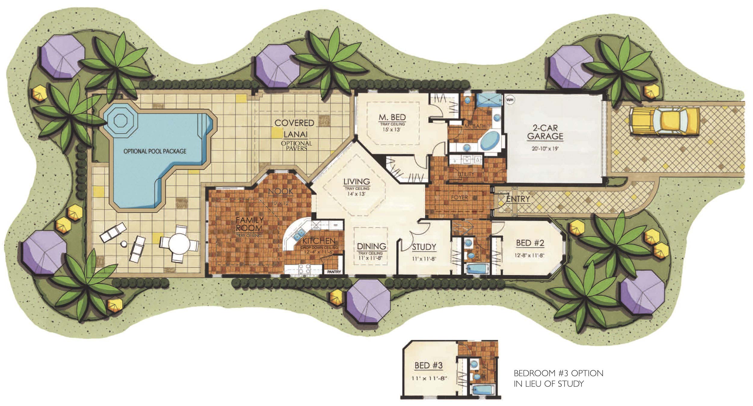 Florence II Floor Plan in Paseo, 2 bedroom, 2 bath, family room, living room, dining room, study, screened covered lanai, 2-car garage